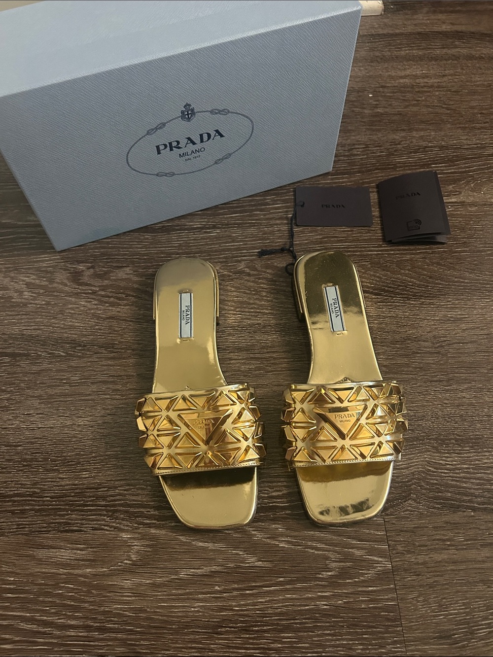 Prada Studded Gold Metallic Leather Slide Sandals